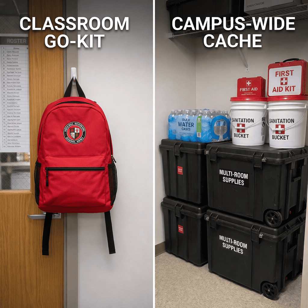 A split-screen square image contrasting a single red classroom go-kit backpack and a large, multi-room campus-wide emergency supply cache in rolling crates, realistic photos.